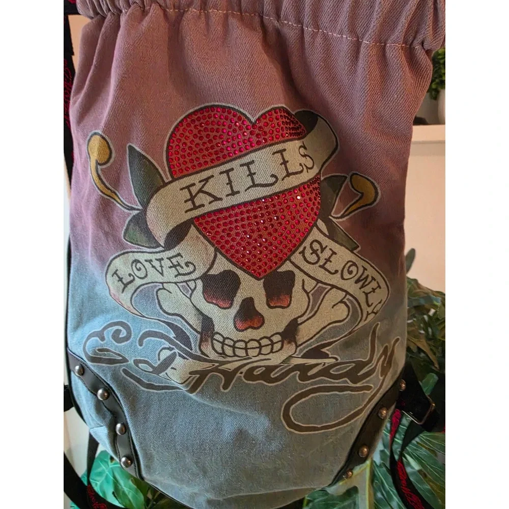 Ed Hardy Love Kills Slowly Ombre Denim Drawstring Backpack Rhinestone Skull Bag